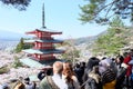 A Lot of tourists take a photo at The Chureito Pagoda with the blue sky